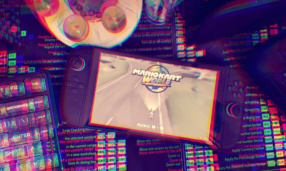 Artystyczne, neonowe zdjęcie z efektem aberracji chromatycznej, przedstawiające przenośną konsolę Nintendo Switch 2 z uruchomioną grą Mario Kart World na tle klawiatury mechanicznej.