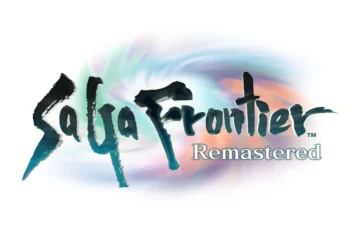 Oficjalne logo gry „SaGa Frontier Remastered” na białym tle, z kolorową, wirującą aurą za tekstem.