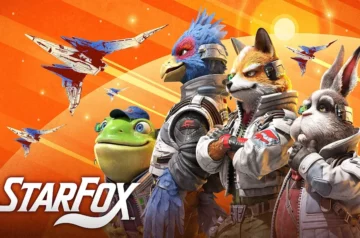 Grupa bohaterów serii Star Fox (Slippy, Falco, Fox i Peppy) pozująca na tle pomarańczowego nieba i lecących myśliwców Arwing.