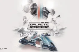 Oficjalny plakat gry "Star Wars: Galactic Racer". Na białym tle widać centralne logo, nad którym górują profile dwóch pilotów. Poniżej różne modele śmigaczy i podracerów pędzą wzdłuż czerwono-niebieskich linii toru na tle górzystej planety.