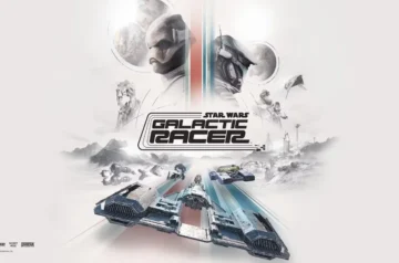 Oficjalny plakat gry "Star Wars: Galactic Racer". Na białym tle widać centralne logo, nad którym górują profile dwóch pilotów. Poniżej różne modele śmigaczy i podracerów pędzą wzdłuż czerwono-niebieskich linii toru na tle górzystej planety.