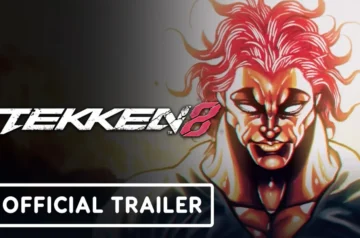 Miniaturka wideo zapowiadająca zwiastun postaci do gry Tekken 8. Po prawej stronie widać grafikę z potężnie zbudowanym Yujiro Hanmą z serii Baki, z charakterystycznymi czerwonymi włosami i demonicznym wyrazem twarzy. Po lewej stronie umieszczono oficjalne logo „TEKKEN 8”, a w lewym dolnym rogu ramkę z napisem „OFFICIAL TRAILER”.