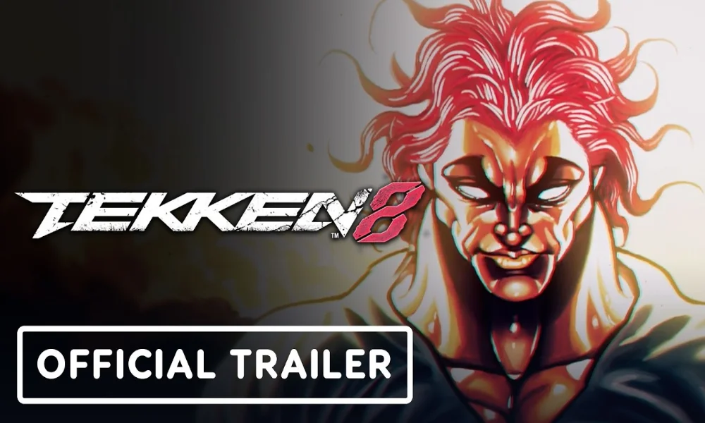 Miniaturka wideo zapowiadająca zwiastun postaci do gry Tekken 8. Po prawej stronie widać grafikę z potężnie zbudowanym Yujiro Hanmą z serii Baki, z charakterystycznymi czerwonymi włosami i demonicznym wyrazem twarzy. Po lewej stronie umieszczono oficjalne logo „TEKKEN 8”, a w lewym dolnym rogu ramkę z napisem „OFFICIAL TRAILER”.