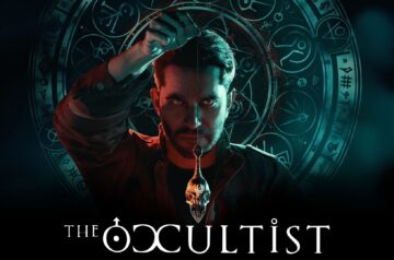 Obraz promujący grę The Occultist, bohater stoi przodem do kamery, unosząc przy tym magiczne wahadełko spogląda pewnym wzorkiem na patrzącego. W tle znajdują się okultystyczne symbole w odcieniach zieleni