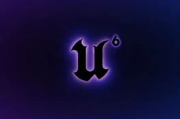 Grafika koncepcyjna przedstawiająca stylizowane logo silnika Unreal Engine na ciemnofioletowym i granatowym tle. Charakterystyczna, czarna litera „U” posiada fioletową, neonową poświatę, a w jej prawym górnym rogu umieszczono cyfrę „6”, sugerującą kolejną generację silnika.
