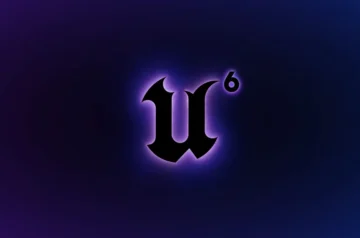 Grafika koncepcyjna przedstawiająca stylizowane logo silnika Unreal Engine na ciemnofioletowym i granatowym tle. Charakterystyczna, czarna litera „U” posiada fioletową, neonową poświatę, a w jej prawym górnym rogu umieszczono cyfrę „6”, sugerującą kolejną generację silnika.