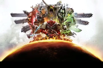 Kolorowa grafika koncepcyjna przedstawiająca starcie różnych frakcji z uniwersum Warhammer 40,000 na powierzchni i orbicie planety. Na pierwszym planie widać czerwonego Kosmicznego Marynarza (Space Marine) z karabinem, a za nim i wokół niego stoją potężny zielonoskóry Ork, kapłan Adeptus Mechanicus oraz żołnierze Nekronów z zieloną, energetyczną bronią. W tle widoczne są ogromne miecze łańcuchowe i machiny wojenne.