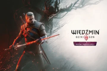 Oficjalna grafika promocyjna przedstawiająca Geralta z Rivii trzymającego wyciągnięty miecz, za którego plecami wyłania się mroczna, drzewiasta potworność (Leszy) na tle mglistego lasu. Po prawej stronie umieszczono oficjalne logo „WIEDŹMIN 3 DZIKI GON”, a pod nim fioletową wstęgę z napisem „DODATEK DO GRY PIEŚNI PRZESZŁOŚCI”.