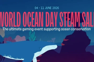 Oficjalny baner wyprzedaży na platformie Steam zatytułowany czerwonym, dużym napisem „WORLD OCEAN DAY STEAM SALE”. Na ciemnoniebieskim, rysunkowym tle przedstawiającym dno oceanu widoczna jest data 04 - 11 JUNE 2026, dopisek o wspieraniu ochrony oceanów oraz duży wieloryb przepływający po lewej stronie.