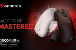 Grafika promocyjna marki Genesis przedstawiająca białą i czarną myszkę Zircon 880 Wireless Pro z ich odbiornikami. Widoczny napis „MADE TO BE MASTERED” oraz oznaczenia specyfikacji: „TRUE 8K/8K” i „PAW3950”.