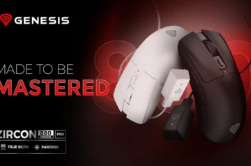 Grafika promocyjna marki Genesis przedstawiająca białą i czarną myszkę Zircon 880 Wireless Pro z ich odbiornikami. Widoczny napis „MADE TO BE MASTERED” oraz oznaczenia specyfikacji: „TRUE 8K/8K” i „PAW3950”.