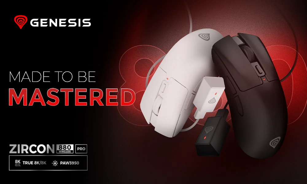 Grafika promocyjna marki Genesis przedstawiająca białą i czarną myszkę Zircon 880 Wireless Pro z ich odbiornikami. Widoczny napis „MADE TO BE MASTERED” oraz oznaczenia specyfikacji: „TRUE 8K/8K” i „PAW3950”.