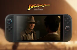 Gra Indiana Jones i Wielki Krąg na NS2 z logiem i konsolą w tle.
