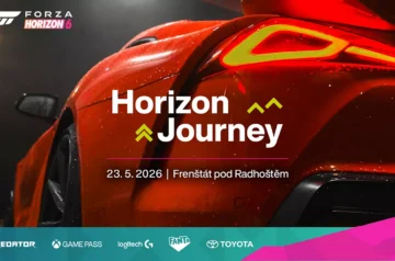 Zrzut ekranu promujący wydarzenie Forza Horizon 6 „Horizon Journey” z czerwonym samochodem sportowym w tle, datą 23.5.2026 i lokalizacją Frenštát pod Radhoštěm.