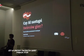 Zrzut ekranu dokumentuje prelekcję poświęconę sztucznej inteligencji w grach. Dolny biały napis głosi: „CZY AI ZASTĄPI TWÓRCÓW GIER? PYRKON 2026”.