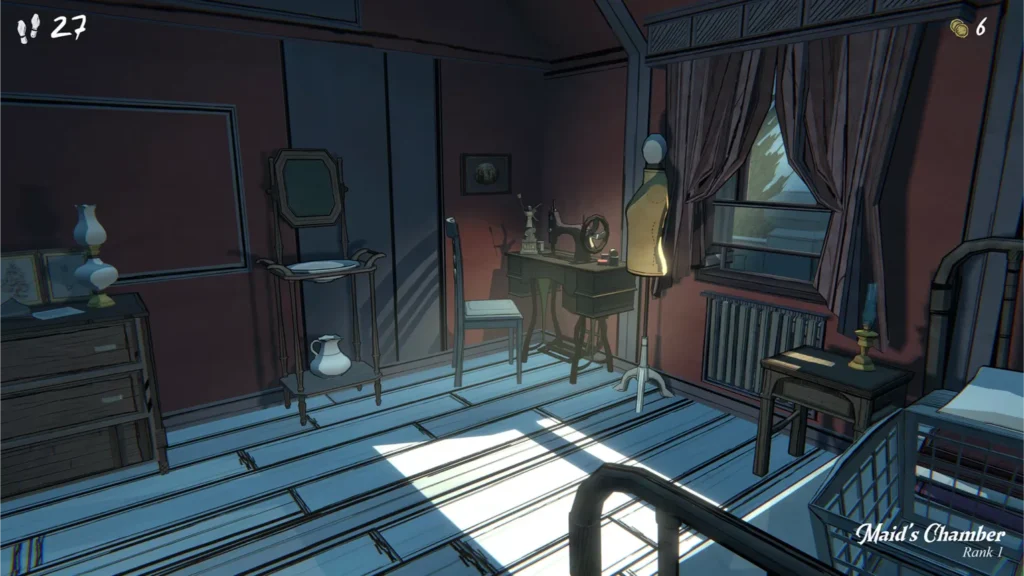 Zrzut ekranu prezentuje wnętrze sypialni o nazwie „Maid's Chamber / Rank 1”, urządzonej w surowym, komiksowym stylu. W pokoju z ciemnoczerwonymi ścianami i drewnianą podłogą znajdują się klasyczne meble: komoda z lampą naftową, toaletka z lustrem i dzbanem, krzesło przy maszynie do szycia pod oknem oraz manekin krawiecki. Przez okno z brązowymi zasłonami wpada ostre, dzienne światło, tworząc jasny, geometryczny kształt na podłodze.
