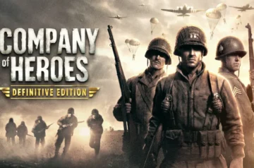 Oficjalna grafika promocyjna gry „Company of Heroes: Definitive Edition”. Na pierwszym planie umieszczono charakterystyczne, stylizowane na wojskowy szablon logo z tytułem i jasnym dopiskiem „DEFINITIVE EDITION”. W tle widać dynamiczną, filmową scenę starcia