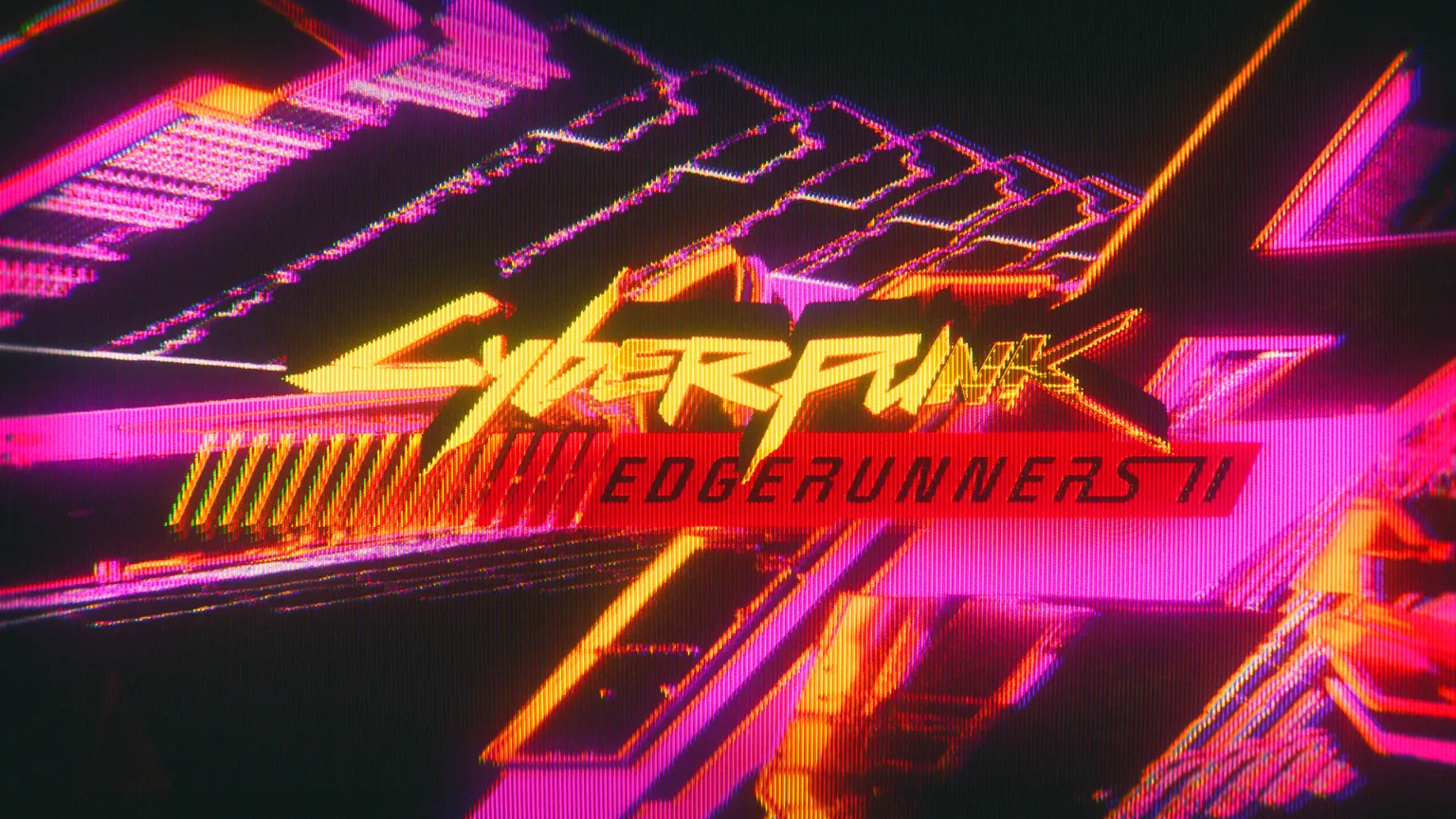Dynamiczne i pełne neonowych barw logo promujące drugi sezon popularnego serialu anime. W samym centrum kadru wyróżnia się klasyczny, jaskrawożółty napis „Cyberpunk”, pod którym na czerwonym, prostokątnym elemencie umieszczono czarny tytuł „EDGERUNNERS II”.