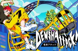 Dynamiczna, niezwykle kolorowa ilustracja w stylu anime/mangi, stanowiąca grafikę promocyjną gry. Po lewej stronie, na pierwszym planie, widać postać o czerwonych włosach ubraną w jaskrawożółty kombinezon i potężne, białe buty sportowe, która wyskakuje w powietrze na tle miejskich budynków. Po prawej stronie pędzi po krętych torach żółty wagon metra lub pociągu, na którego dachu stoi grupa innych, stylizowanych postaci. W prawym dolnym rogu umieszczono duże, drapieżne logo gry: biały, ostro zarysowany napis „DENSHA ATTACK!” z mniejszym, japońskim dopiskiem pod spodem.