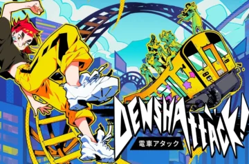 Dynamiczna, niezwykle kolorowa ilustracja w stylu anime/mangi, stanowiąca grafikę promocyjną gry. Po lewej stronie, na pierwszym planie, widać postać o czerwonych włosach ubraną w jaskrawożółty kombinezon i potężne, białe buty sportowe, która wyskakuje w powietrze na tle miejskich budynków. Po prawej stronie pędzi po krętych torach żółty wagon metra lub pociągu, na którego dachu stoi grupa innych, stylizowanych postaci. W prawym dolnym rogu umieszczono duże, drapieżne logo gry: biały, ostro zarysowany napis „DENSHA ATTACK!” z mniejszym, japońskim dopiskiem pod spodem.