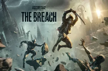 Oficjalna grafika promocyjna (key art) przedstawiająca mroczną i agresywną kompozycję z gry „Dying Light: The Beast”. Na pierwszym planie widoczna jest z bliska, zdeterminowana i groźna twarz głównego bohatera z błękitnymi, świecącymi oczami i żyłami, co sugeruje jego nadludzką lub bestialską formę. W centrum umieszczono charakterystyczne, poszarpane logo „DYING LIGHT” z dużym, czerwonym podtytułem „THE BEAST” na tle ciemnej, dymnej scenerii pełnej napięcia.
