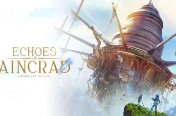 ilustracja promocyjna prezentująca tytuł „Echoes of Aincrad: Sword Art Online”. Po lewej stronie, na czystym, białym tle, umieszczono stylizowane na złoty kolor logo gry wraz z mniejszym podtytułem nawiązującym do znanej marki. Prawą część kadru dominuje monumentalna, znana fanom uniwersum lewitująca forteca Aincrad, której potężna, metalowo-kamienna konstrukcja przeplata się u podstawy z grubymi, antycznymi korzeniami drzew. Na samym dole, w prawym rogu, na skraju zielonego, trawiastego klifu stoją dwie sylwetki postaci spoglądające w górę na unoszący się w chmurach zamek, a wokół ich sylwetek malują się delikatne, błękitne, cyfrowe efekty cząsteczkowe oraz geometryczne piksele.