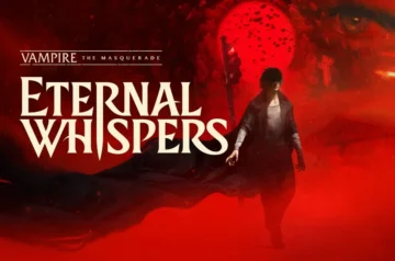 ficjalna grafika promocyjna (key art) prezentująca stylizowany, elegancki tytuł gry „Eternal Whispers”. W tle, za napisem, widoczna jest nastrojowa ilustracja w klimacie mrocznego fantasy z tajemniczą postacią o długich, jasnych włosach, skąpaną w mistycznej, fioletowo-niebieskiej poświacie.