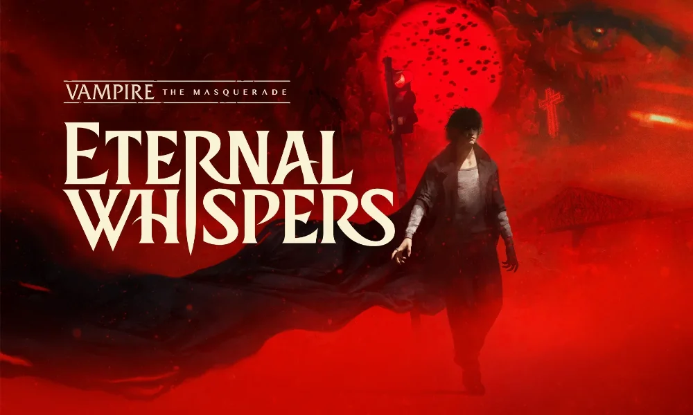 ficjalna grafika promocyjna (key art) prezentująca stylizowany, elegancki tytuł gry „Eternal Whispers”. W tle, za napisem, widoczna jest nastrojowa ilustracja w klimacie mrocznego fantasy z tajemniczą postacią o długich, jasnych włosach, skąpaną w mistycznej, fioletowo-niebieskiej poświacie.