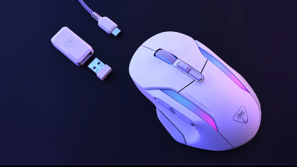 Marketingowa grafika przedstawiająca białą mysz Kone II Air w fioletowym podświetleniu, a przy niej jest nadajnik wi-fi oraz przewód USB-C.