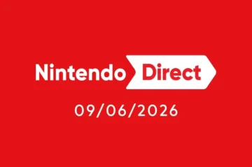 Oficjalna grafika promocyjna zapowiadająca prezentację z cyklu Nintendo Direct. Na charakterystycznym, czerwono-czarnym tle o strukturze drobnej siatki umieszczono centralnie duże, białe logo „Nintendo Direct” wraz z mniejszym logotypem konsoli Nintendo Switch po lewej stronie. Całość ma nowoczesny, minimalistyczny i dobrze znany graczom styl.