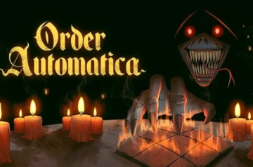 Ilustracja promocyjna gry utrzymana w mrocznym, gotyckim klimacie. Po lewej stronie widnieje stylizowany, żółty napis „Order Automatica”. Na pierwszym planie znajduje się stół usiany płonącymi, nadtopionymi świecami, na którym spoczywa kamienna plansza podzielona na kwadraty. Nad planszą unosi się upiorna, koścista dłoń z długimi pazurami, a z ciemności w tle wyłania się przerażająca, uśmiechnięta twarz potwora o czerwonych, świecących oczach, pełna ostrych zębów i z wysuniętym, długim językiem.