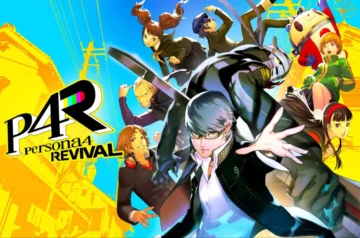 pełna energii, pop-artowa ilustracja promocyjna z dużym, czarnym logo „P4R Persona 4 Revival” po lewej stronie, które umieszczono na tle żółtej, kontrastowej sylwetki japońskiej ulicy. W centrum pierwszego planu stoi protagonista w okularach wyciągający dłoń przed siebie, a tuż za jego plecami pręży się potężna, mroczna Persona Izanagi w dynamicznej pozie bojowej. Górę i prawą stronę kadru, na tle czystego, błękitnego nieba, wypełniają zawieszeni w powietrzu pozostali członkowie Investigation Team, w tym Yosuke, Chie, Yukiko, Kanji, Rise, Naoto oraz maskotka Teddie.