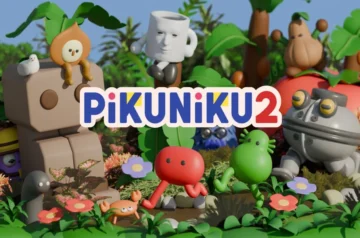 Kolorowa, urocza i niezwykle minimalistyczna grafika promocyjna przedstawiająca świat gry „Pikuniku 2”. Na jasnym, jednolitym tle widać charakterystyczne, proste, dwuwymiarowe postacie o zabawnych, geometrycznych kształtach i długich nogach, znane z tej humorystycznej serii gier logiczno-platformowych. W centrum umieszczono charakterystyczne, proste logo, które idealnie oddaje radosny i pełen humoru klimat produkcji.
