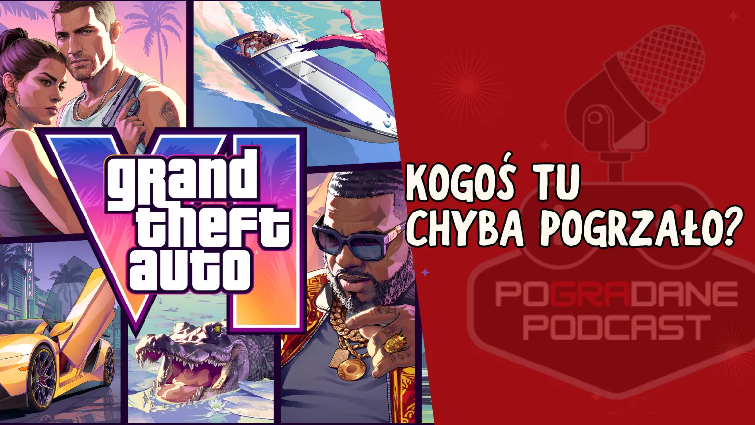 Ta sekcja składa się z kilku oficjalnych grafik koncepcyjnych z gry GTA VI, ułożonych w komiksowym stylu. W samym centrum umieszczono duże, charakterystyczne logo serii z wielkim, gradientowym numerem VI wypełnionym motywem palm. W poszczególnych kadrach wokół logo znajdują się:
