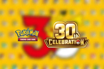 Grafika rocznicowa prezentująca oficjalne logotypy na żółtym, rozmytym tle z motywami Pokémonów. Po lewej stronie widać logo „Pokémon TRADING CARD GAME”, a po prawej duże, złote, lśniące logo „30th CELEBRATION” z wpisanym w literę „O” symbolem Pokéballa. W tle majaczy zarys dużej, czerwonej cyfry 3 oraz głowy Pikachu.