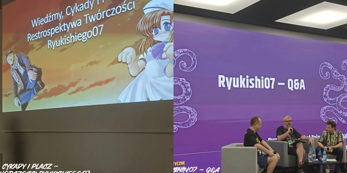Grafika przedstawia podwójny kadr (zestawienie dwóch zdjęć) z innego panelu dyskusyjnego zorganizowanego w ramach festiwalu Pyrkon 2026, który poświęcono japońskiemu twórcy gier i powieści wizualnych ukrywającemu się pod pseudonimem Ryukishi07.
