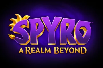Oficjalne logo gry przedstawione na ciemnofioletowym, rozświetlonym w centrum i przechodzącym w czerń tle. Główny napis „SPYRO” składa się z dużych, trójwymiarowych liter w fioletowym kolorze ze złotym konturem oraz teksturą przypominającą smocze łuski, przy czym litera „S” została dodatkowo ozdobiona charakterystycznymi złotymi rogami. Pod spodem umieszczono mniejszy, elegancki napis w złotym kolorze stanowiący podtytuł: „A REALM BEYOND”.
