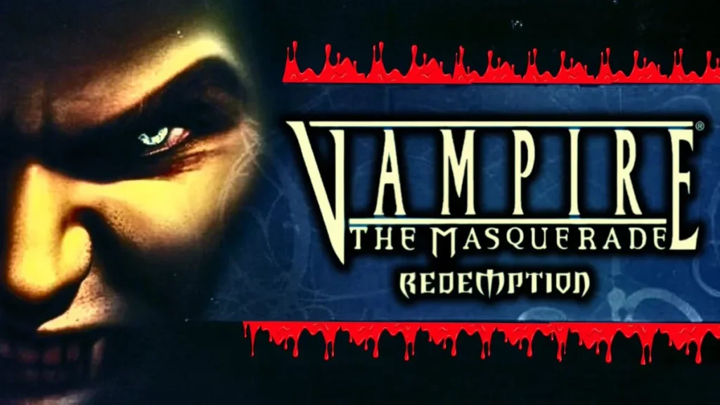 Baner promocyjny klasycznej gry RPG „Vampire: The Masquerade – Redemption”. Po lewej stronie kadru dominuje mroczne, częściowo oświetlone żółtym światłem zbliżenie na twarz wampira, z którego wyraźnie odznacza się groźne, świecące jasnoniebieskie oko oraz obnażone w złowrogim uśmiechu kły. Prawą stronę zajmuje oficjalne, podłużne logo gry umieszczone na ciemnoniebieskim tle z delikatnymi, gotyckimi ornamentami. Całość sekcji z logotypem została od góry i od dołu zamknięta w jaskrawoczerwonych ramkach przedstawiających gęstą, kapiącą krew.
