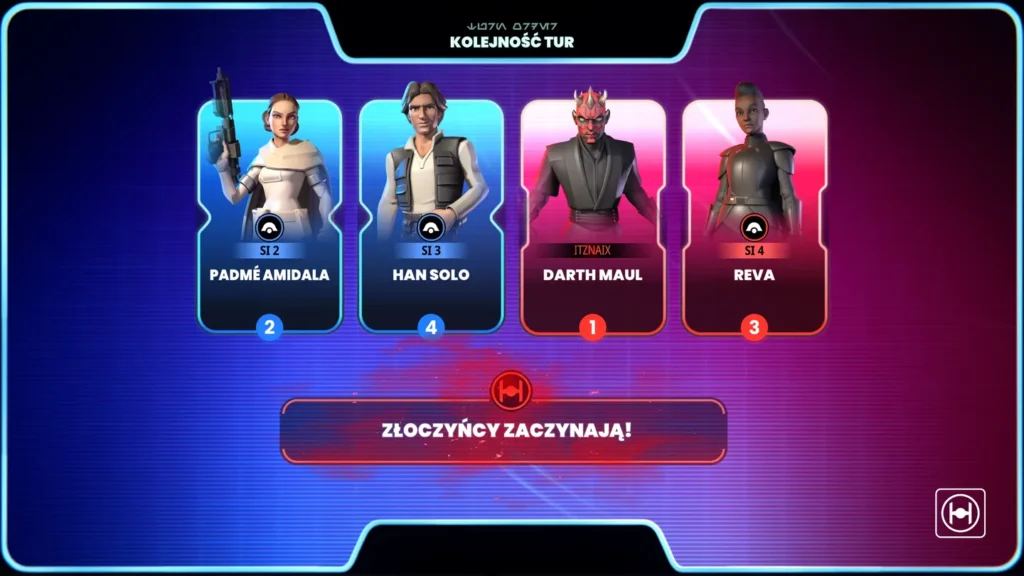 Ekran kolejności tur w Monopoly Star Wars Heroes vs Villains z postaciami Padmé Amidali, Hana Solo, Darth Maula i Revy.