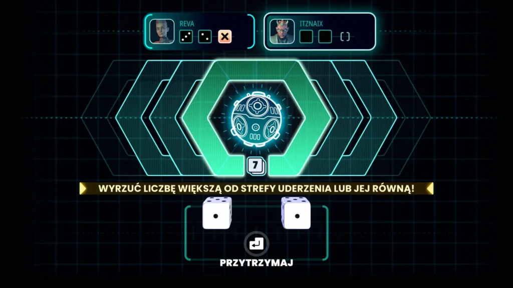 Ekran minigry w Monopoly Star Wars Heroes vs Villains z instrukcją rzutu kośćmi i postaciami Revy oraz ItzNaix na górze.
