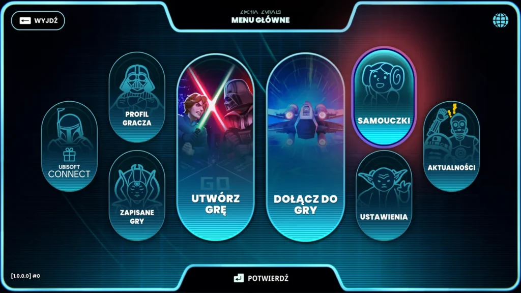 Główne menu gry Monopoly Star Wars Heroes vs Villains z dużymi przyciskami do tworzenia gry, dołączenia i ustawień.