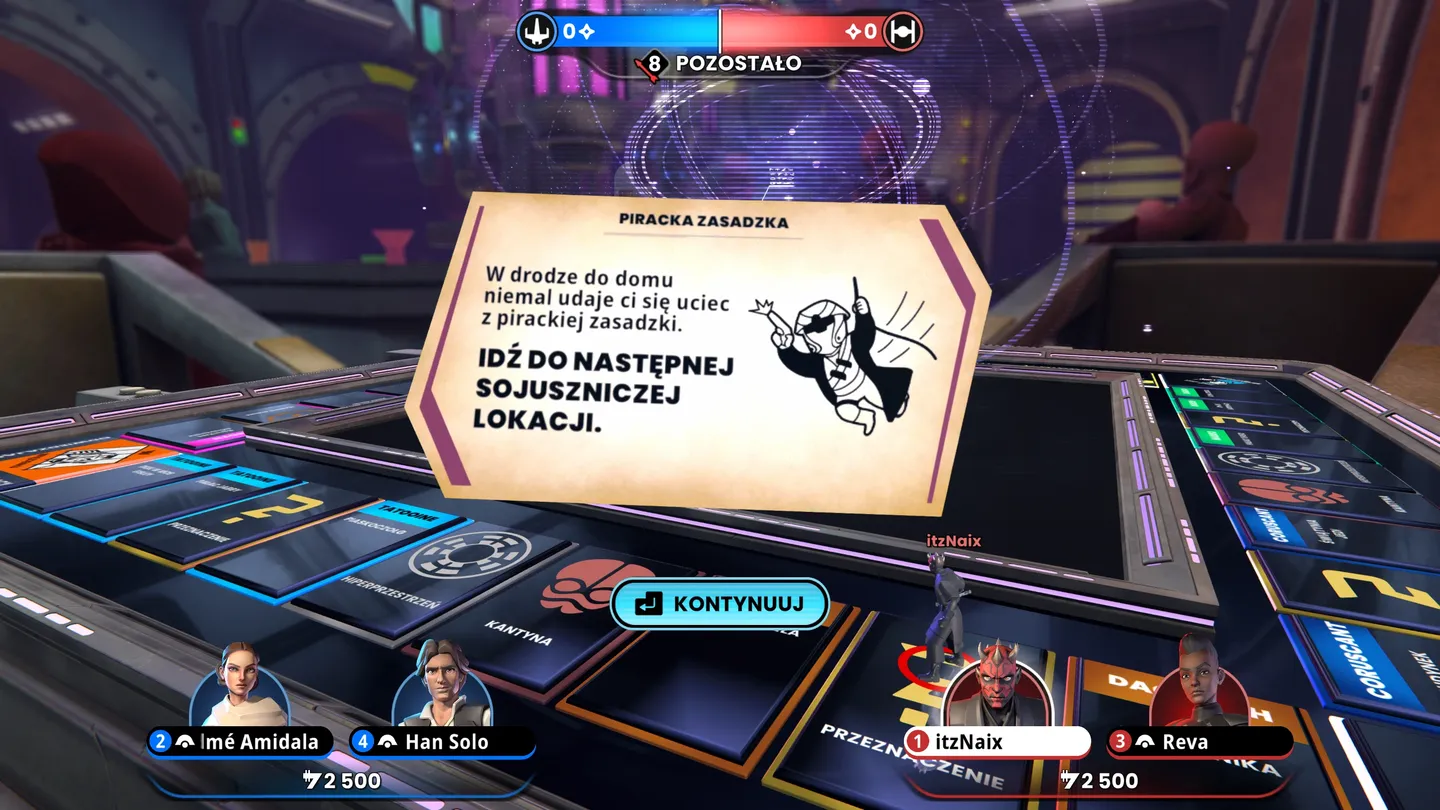 Karta zdarzenia w Monopoly Star Wars Heroes vs Villains z efektem „Piracka zasadzka” i poleceniem przejścia na następną sojuszniczą lokację.