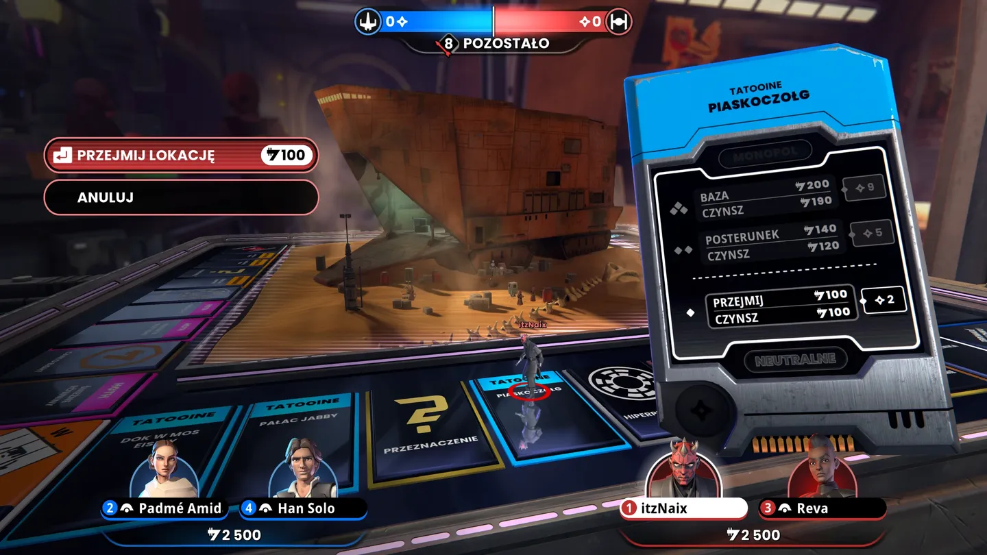 Widok planszy Monopoly Star Wars Heroes vs Villains z kartą Tatooine i opcją przejęcia lokacji.