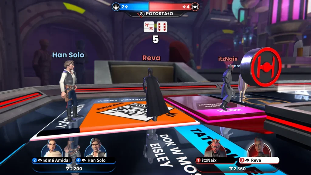 Widok rozgrywki w Monopoly Star Wars Heroes vs Villains z postaciami Han Solo i Revy na planszy.