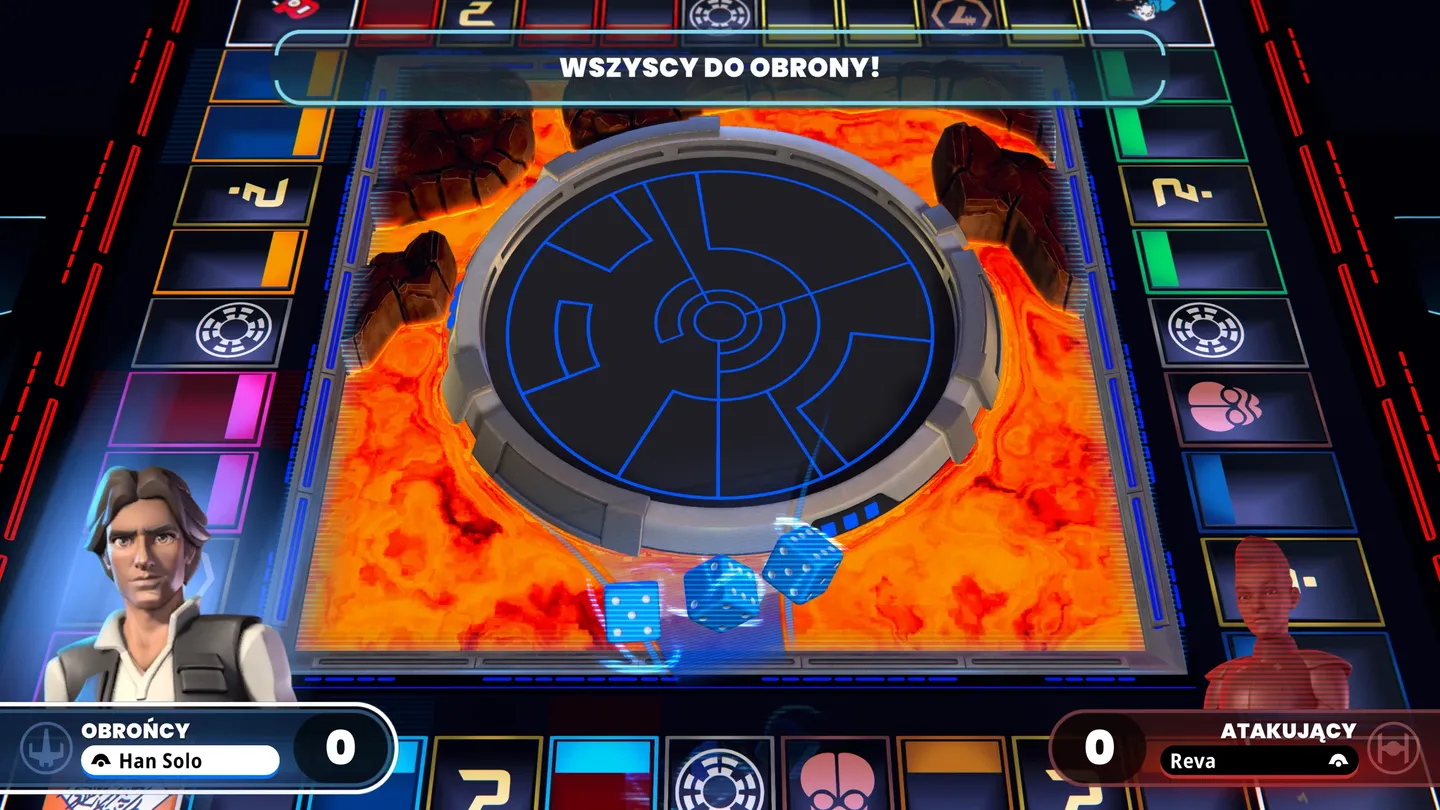 Plansza Monopoly Star Wars Heroes vs Villains z aktywną obroną Han Solo przeciwko Revie.