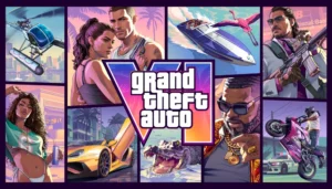 Grafika główna GTA 6 z postaciami i logiem