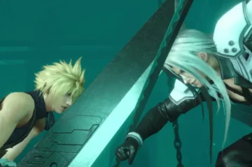 Zrzut ekranu ukazuje bezpośrednie starcie dwóch ikonicznych bohaterów z profilu, oddzielonych od siebie potężnym, czarnym ostrzem miecza Buster Sword. Po lewej stronie znajduje się młody, jasnowłosy Cloud Strife w ciemnym bezrękawniku, spoglądający z wysiłkiem w stronę przeciwnika. Po prawej stronie pręży się Sephiroth, który lewą dłonią w czarnej rękawicy odpiera broń Clouda. Całość kadru skąpana jest w głębokiej, turkusowej poświacie reaktora Mako, a w tle majaczą grube, metalowe łańcuchy.