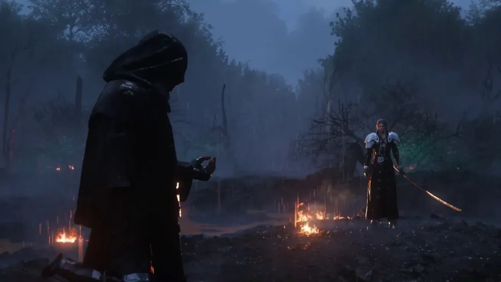 Mroczna i filmowa scena rozgrywająca się na otwartej przestrzeni w strugach ulewnego deszczu. Na pierwszym planie po lewej stronie, tyłem do obiektywu, stoi tajemnicza postać w długiej, czarnej szacie z głębokim kapturem zasłaniającym twarz, wyciągając przed siebie dłoń. W oddali po prawej stronie, pośród spalonego, zrujnowanego lasu i tlących się na ziemi małych ognisk, stoi Sephiroth z opuszczonym mieczem Masamune, wpatrując się w postać na pierwszym planie.