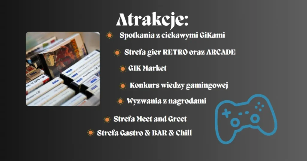 Zdjęcie przedstawia slajd z programem atrakcji wydarzenia „Gry i Kultura” na ciemnoszarym tle. Po lewej stronie widoczne jest zdjęcie pudełkowych gier na konsole SEGA, natomiast po prawej umieszczono biały nagłówek „Atrakcje:” oraz listę wypunktowaną pomarańczowymi ikonami słońca, obejmującą m.in. spotkania, strefy retro, arcade, gastro i chill. W prawym dolnym rogu kompozycji znajduje się minimalistyczna, jasnoniebieska ikona kontrolera do gier.