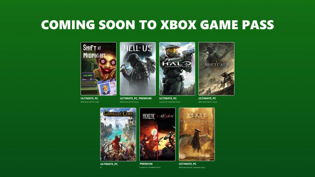 Lista gier, które dołączą do usługi Game Pass w lipcu 2026: Shift at Midnight, Hell is Us, Halo Campaign Evolved, Mistfall Hunter, Corsair Cove, Heretic + Hexen, Beast of Reincarnation